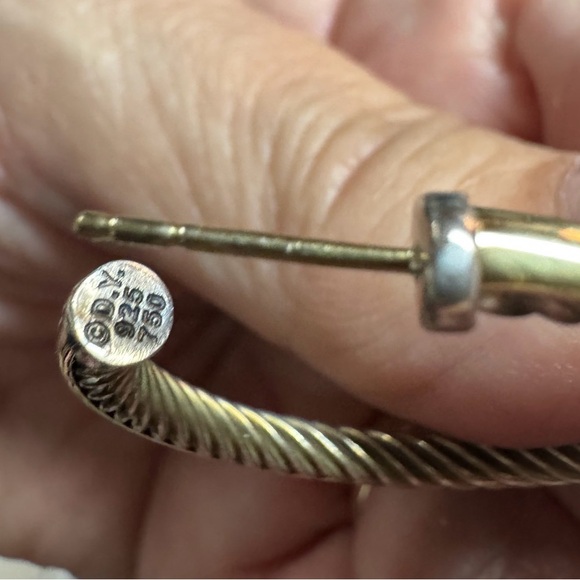 David Yurman 18k & SS Twist Hoop Earrings - Silver cable inside 18k outside - Picture 6 of 11